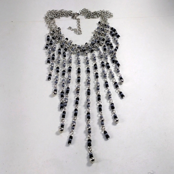 Women's Stylish Layered Silver-tone Black & Gray Beads Fringed Cascade Necklace - Picture 10 of 10